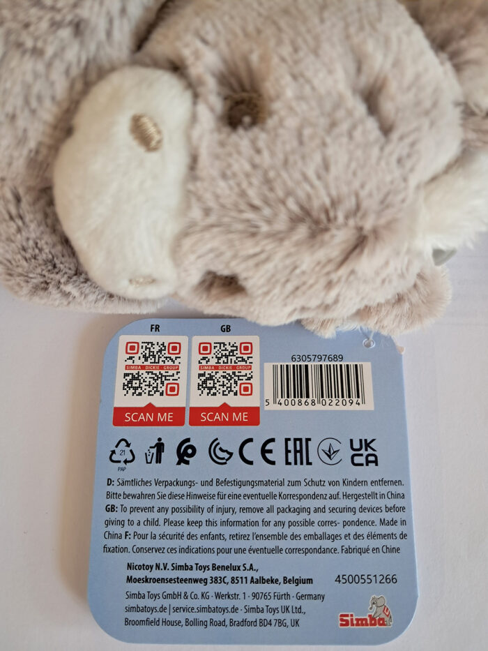 Étiquette Simba Toys avec QR codes et instructions.