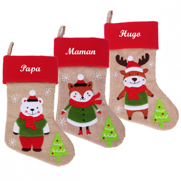 Botte de noël personnalisée, ours, renne, renard en jute