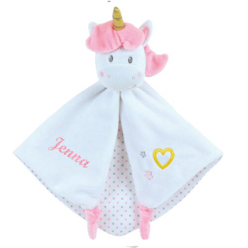 Doudou hochet Licorne personnalisé avec le prénom de bébé