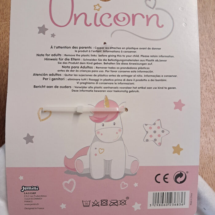 Doudou hochet Licorne personnalisé avec le prénom de bébé